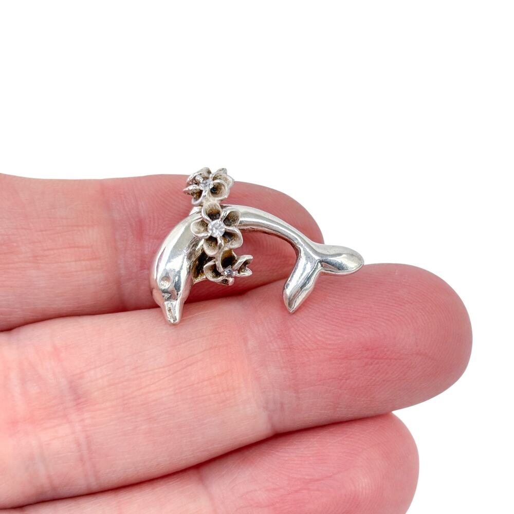 Vintage Jumping Dolphin Cubic Zirconia Charm Pendant | Sterling Silver 925